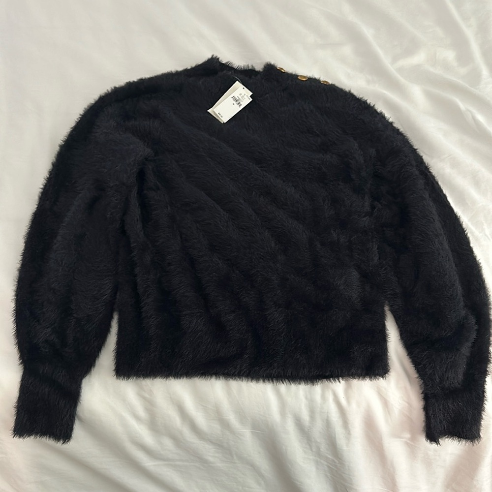 New with tags - Navy fuzzy sweater with gold left shoulder